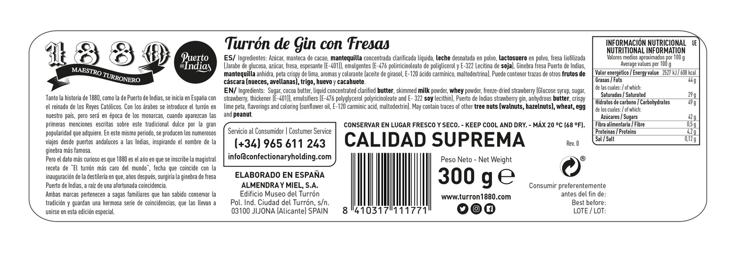 1880 Turron de Gin con Fresas Spanish Praliné Strawberry Gin 300g