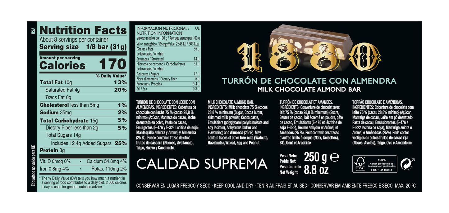 1880 Turron de Chocolate con Almendras Milk Chocolate & Almond Bar 200g (Best Before 31-12-2026)