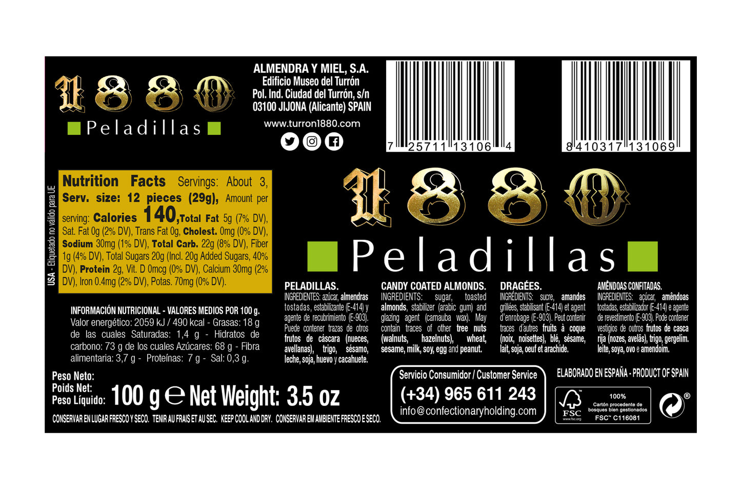 1880 Peladillas Spanish Sugar Coated Almonds 100g