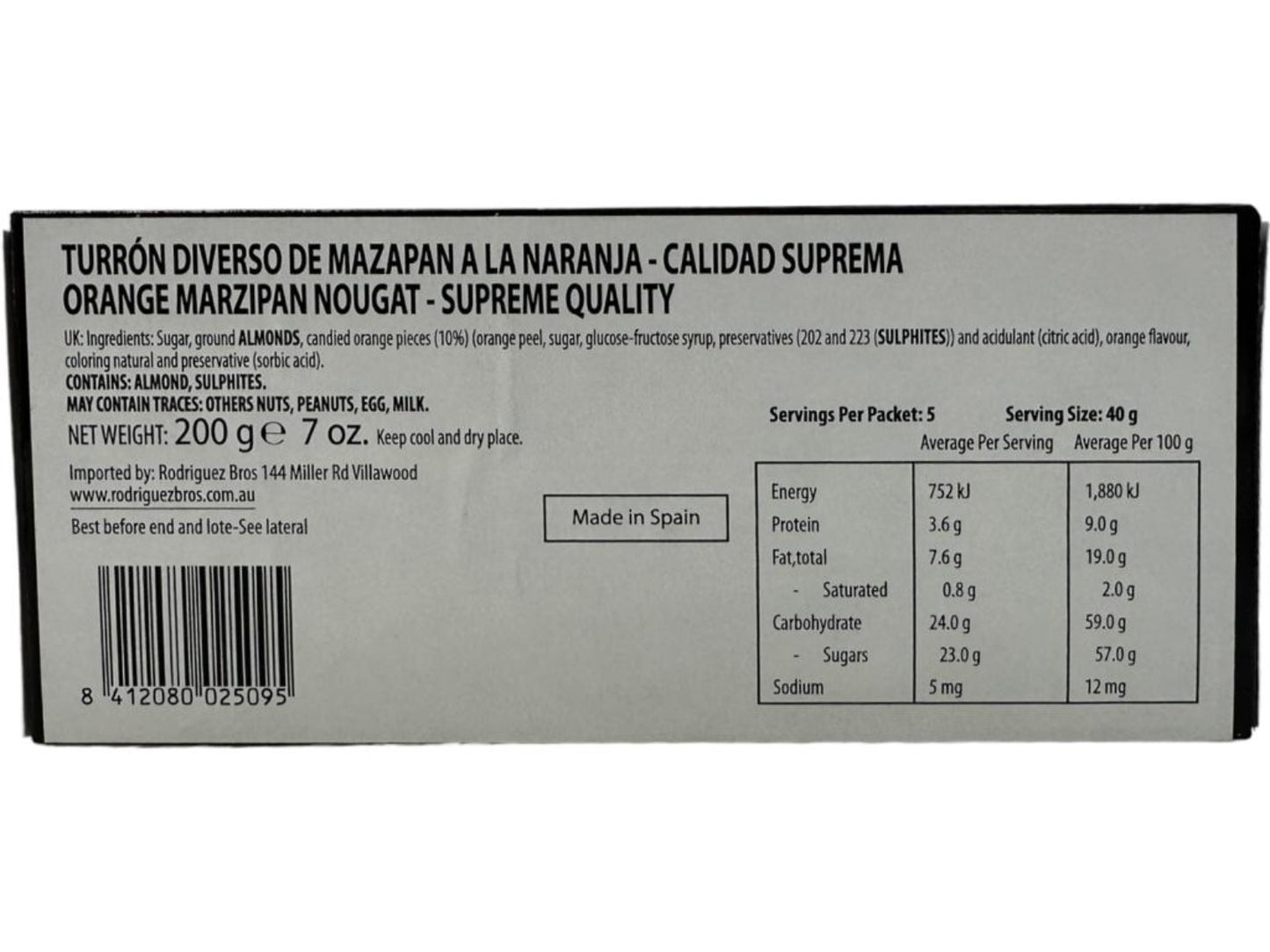 El Artesano Mazapan A La Naranja Orange Marzipan Nougat 200g (Best Before 30-07-2025)