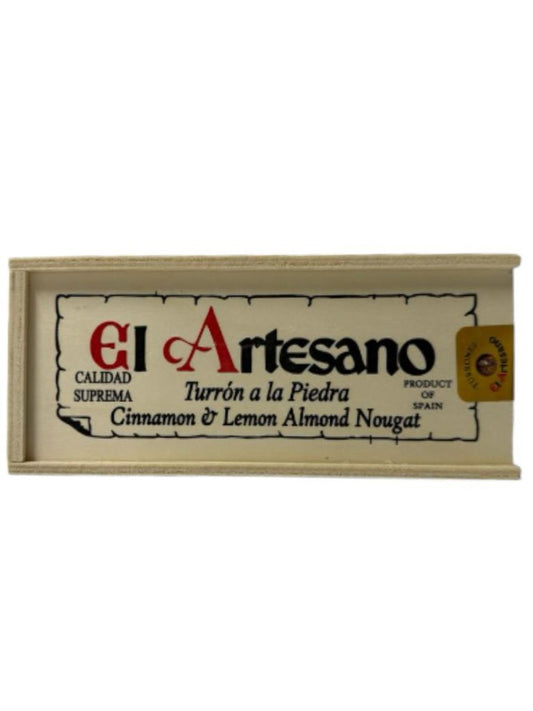 El Artesano Spanish Turron a la Piedra in Wooden Gift Box Cinnamon and Lemon Almond Nougat 300g