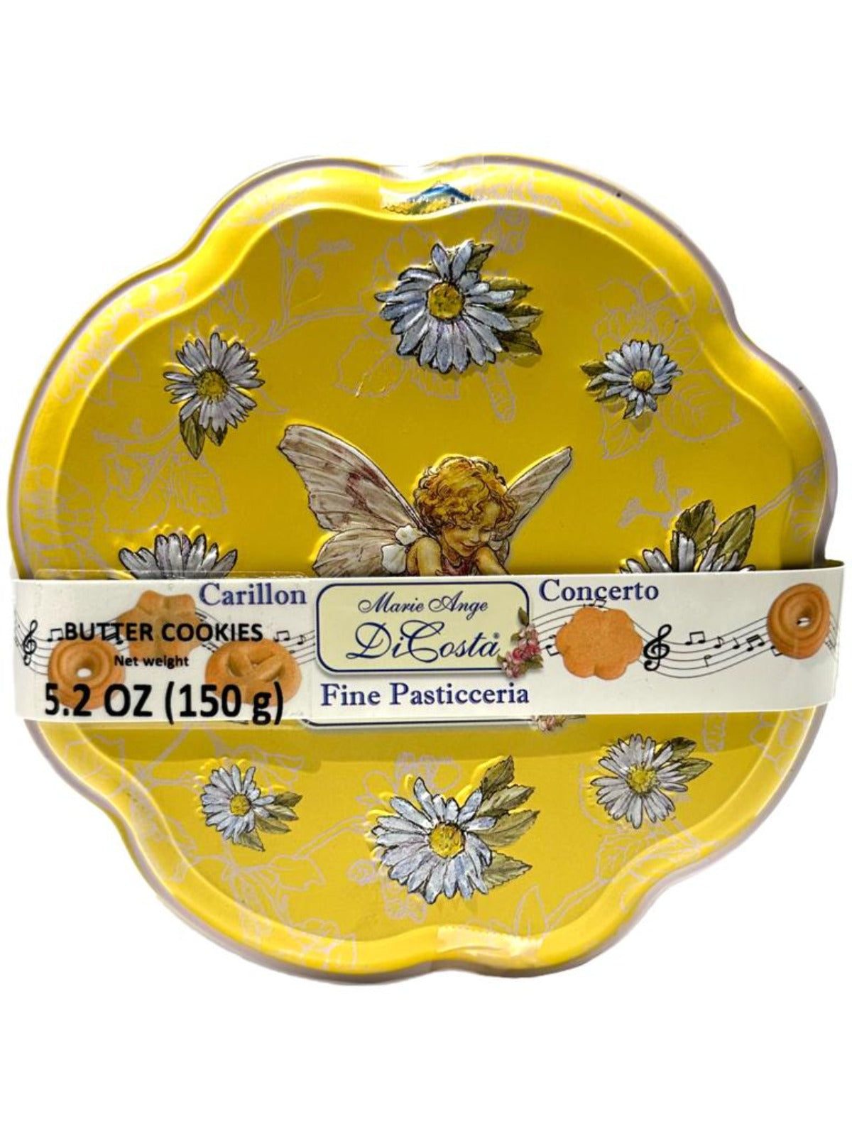 Marie Ange di Costa Italian Music Box Tin with Butter Biscuits—Scalloped in Lemon 140g