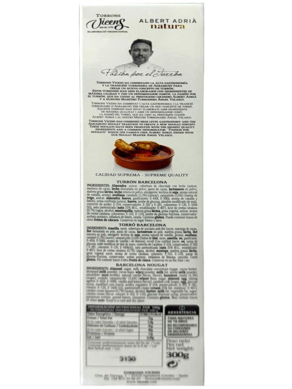 Vicens Albert Adria Natura Turron De Barcelona Spanish Barcelona Nougat 300g (Best Before 01-04-2026)