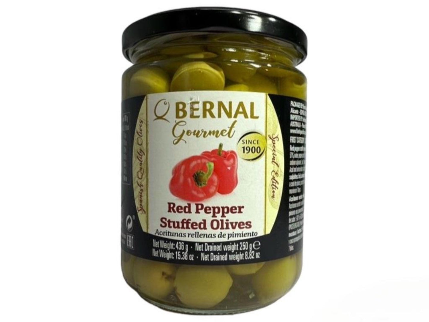 Bernal Gourmet Red Pepper Capsicum Stuffed Olives 2 Pack 436g x2