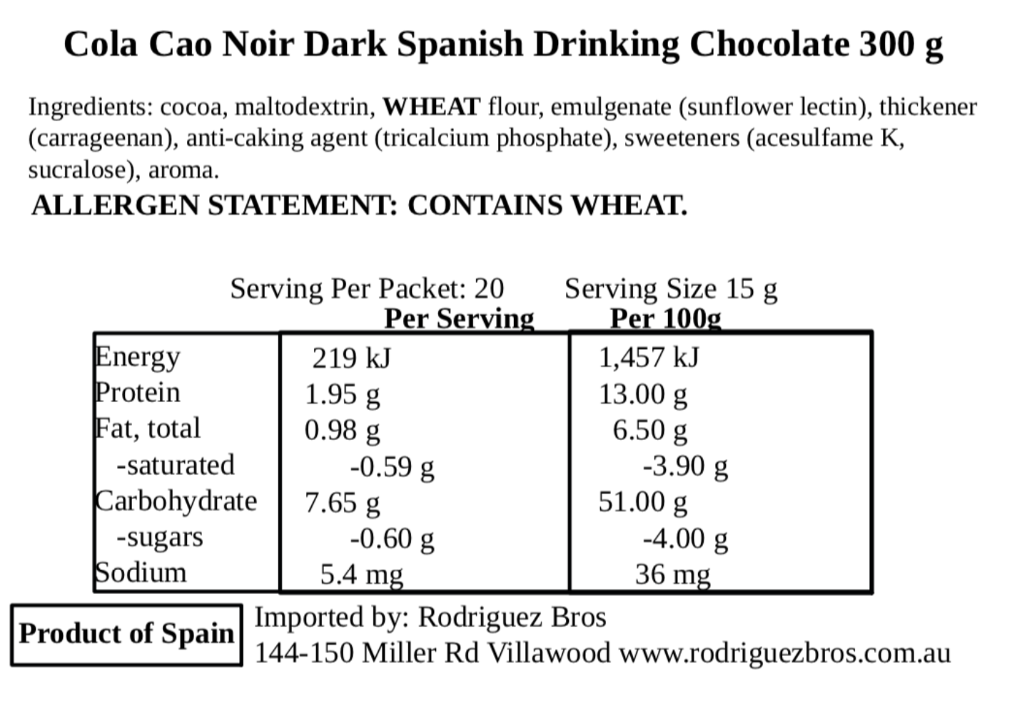 ColaCao Noir Dark Spanish Drinking Chocolate 300g