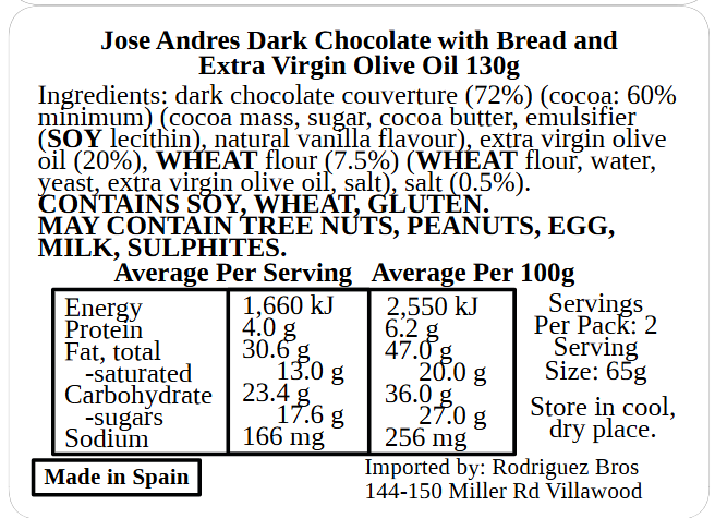 Jose Andres Dark Chocolate with Bread and Extra Virgin Olive Oil 130g (Best Before 30-12-2027)