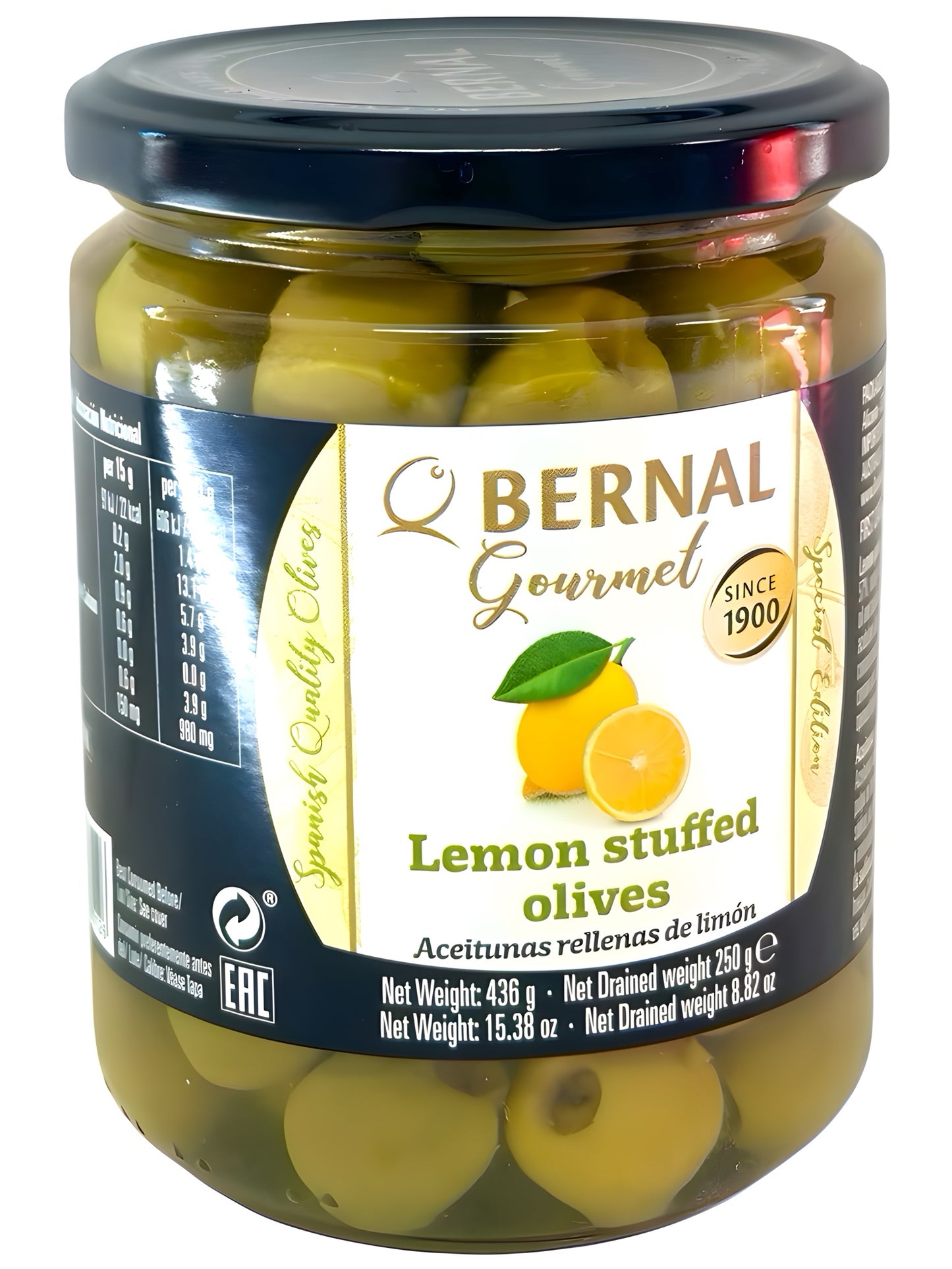 Bernal Gourmet Lemon Stuffed Manzanilla Olives 436g Gross 225g Drained (Best Before 04-12-2028)