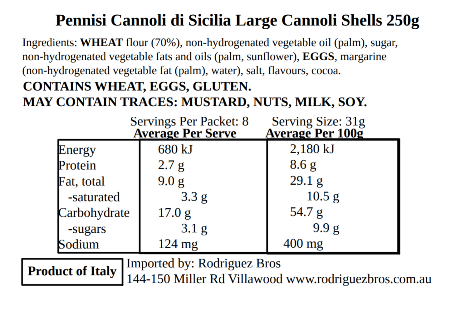 Pennisi Cannoli di Sicilia Large Cannoli Shells 250g