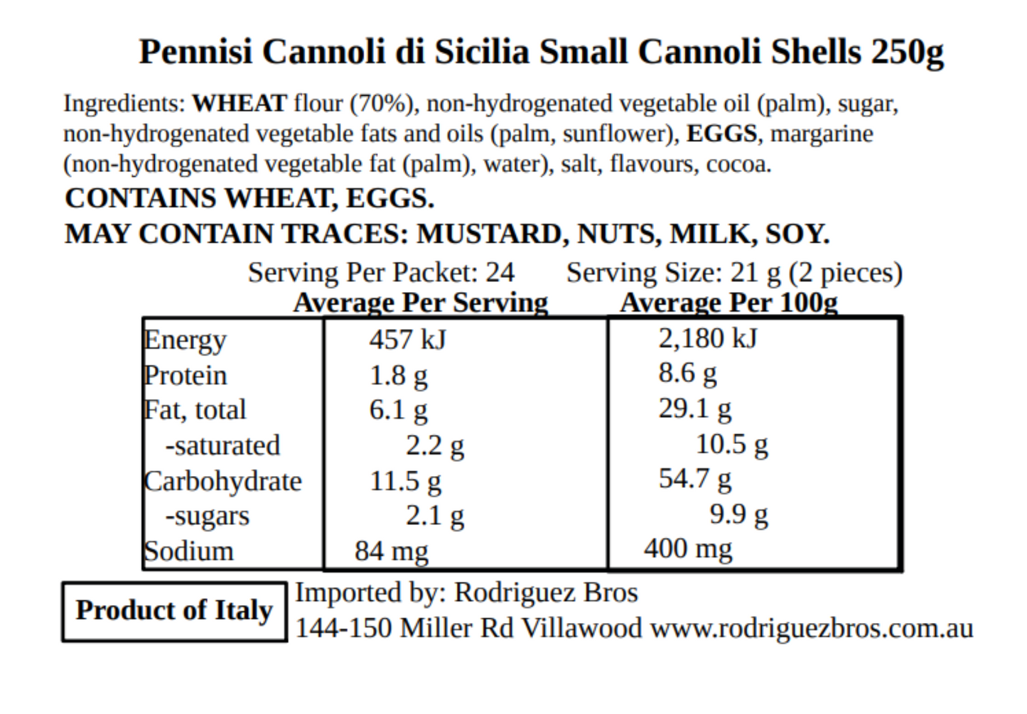 Pennisi Cannoli di Sicilia Small Cannoli Shells 250g