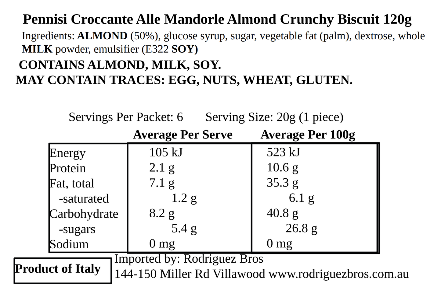 Pennisi Croccante Alle Mandorle Italian Almond Brittle 120g