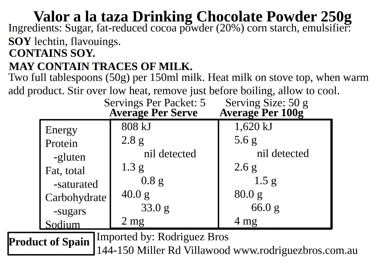 Valor Spanish Drinking Chocolate for Churros 2 pack 250g x2