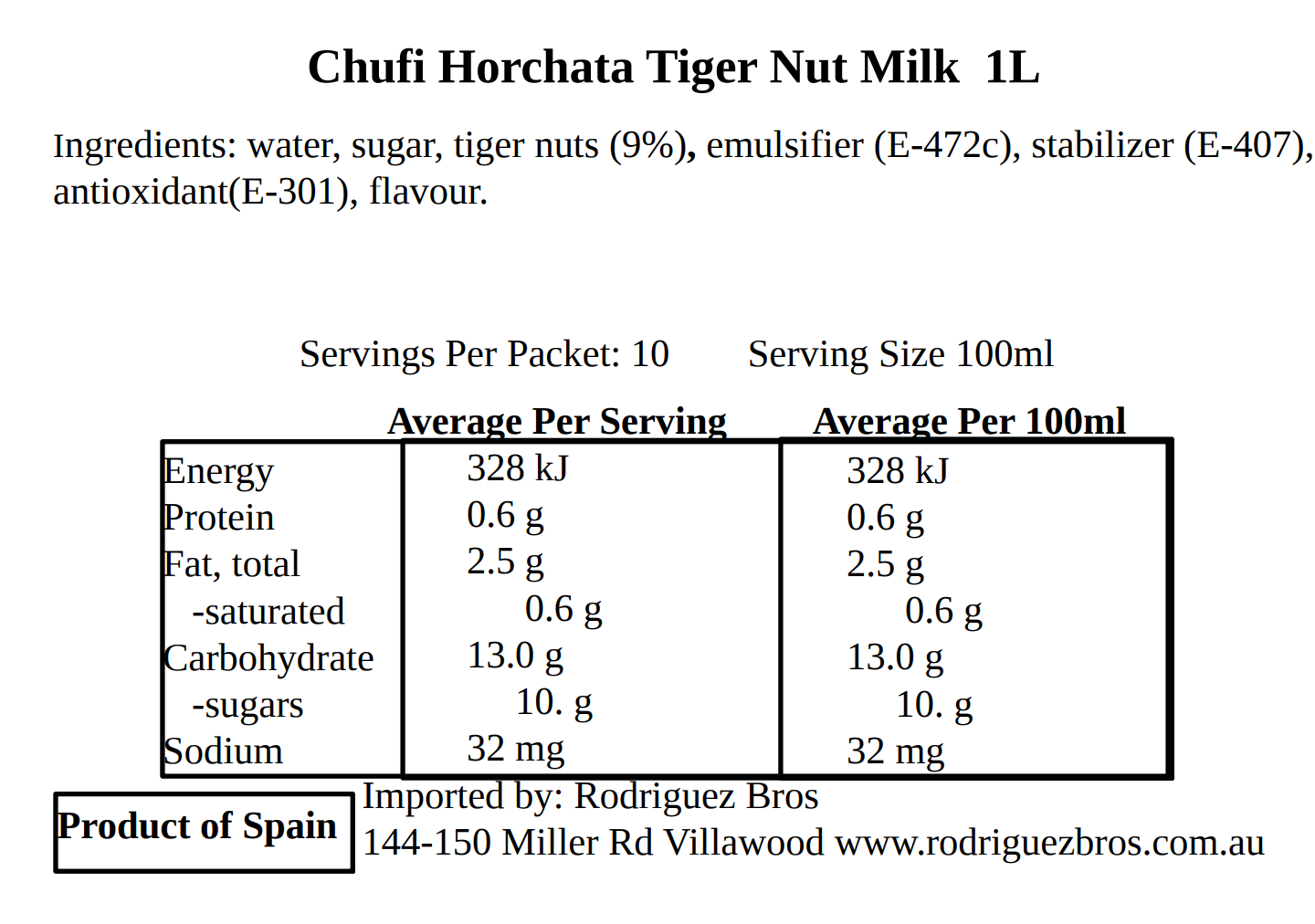 Chufi Horchata Spanish Tigernut Drink 1 litre