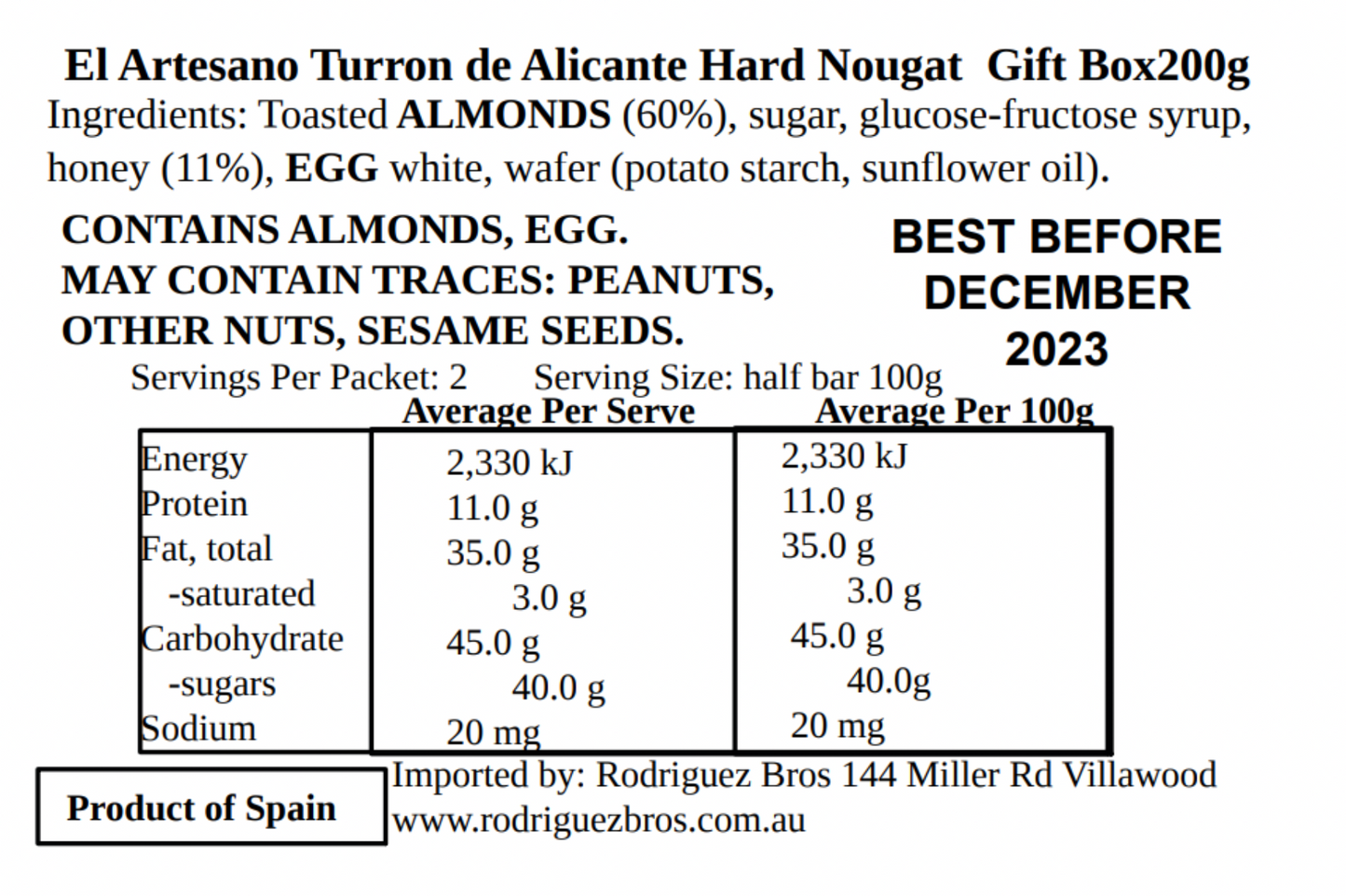 El Artesano Spanish Hard Almond Nougat in Wooden Gift Box Turron de Alicante 200g (Best Before 28-02-2027)