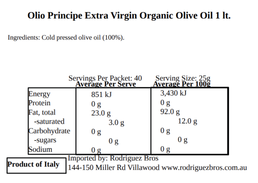 Olio Principe Sicilian Extra Virgin Olive Oil 750ml