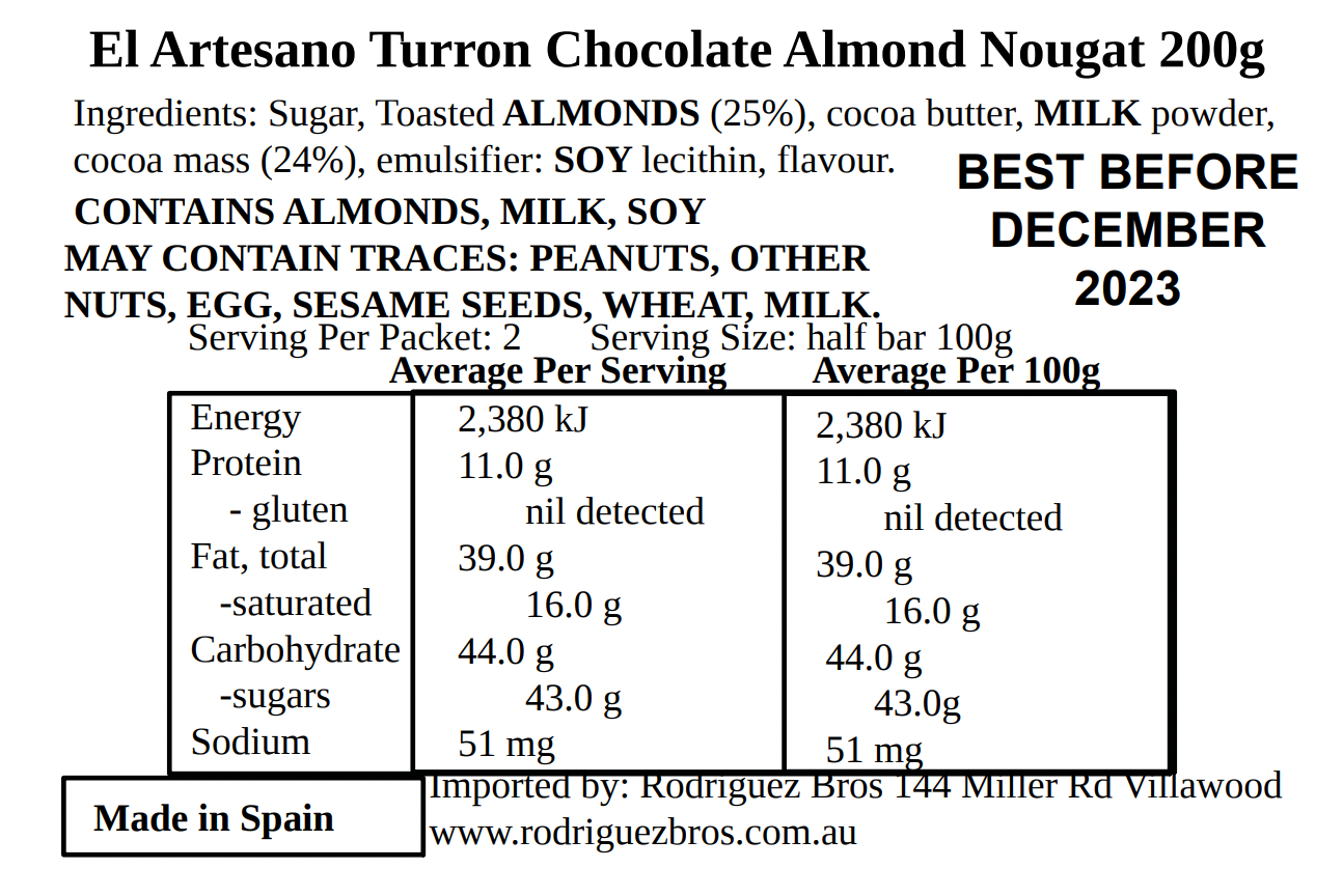 El Artesano Turron Chocolate Con Almendras Spanish Chocolate Nougat with Almonds 200g (Best Before 30-12-2026)