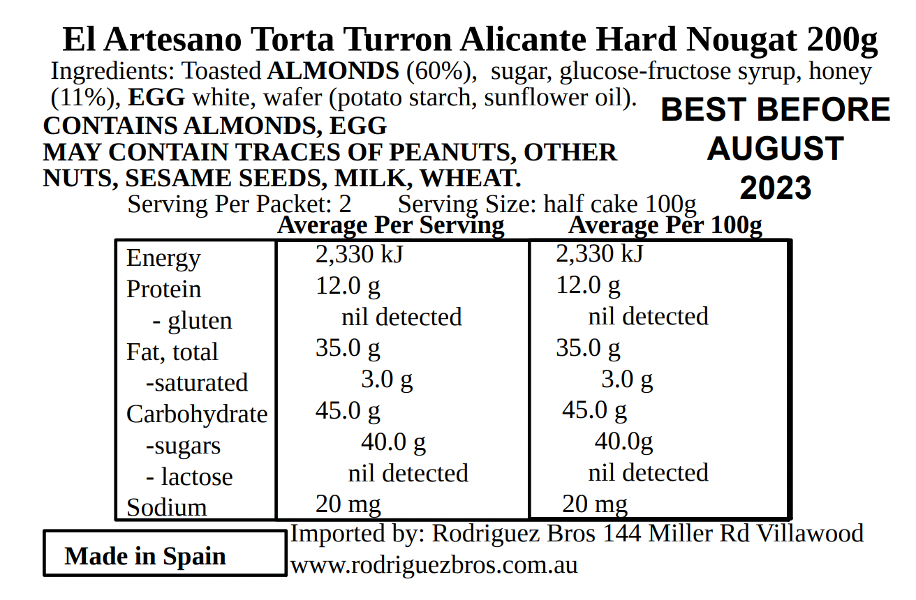 El Artesano Torta Turron de Alicante Nougat Cake 200g