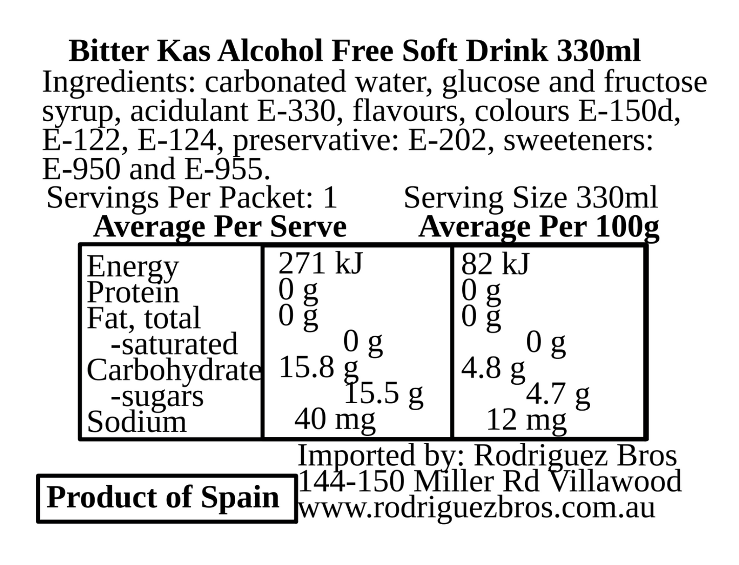 KAS Bitters Spanish Soft Drink 330ml x 8 Pack