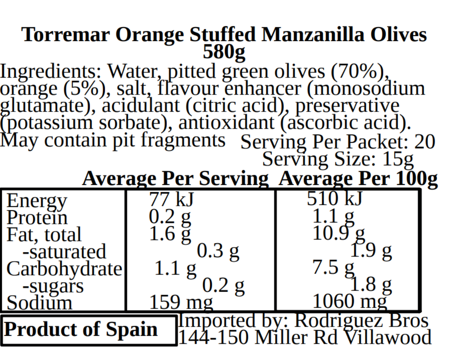 Torremar Spanish Orange Stuffed Manzanilla Olives 580g
