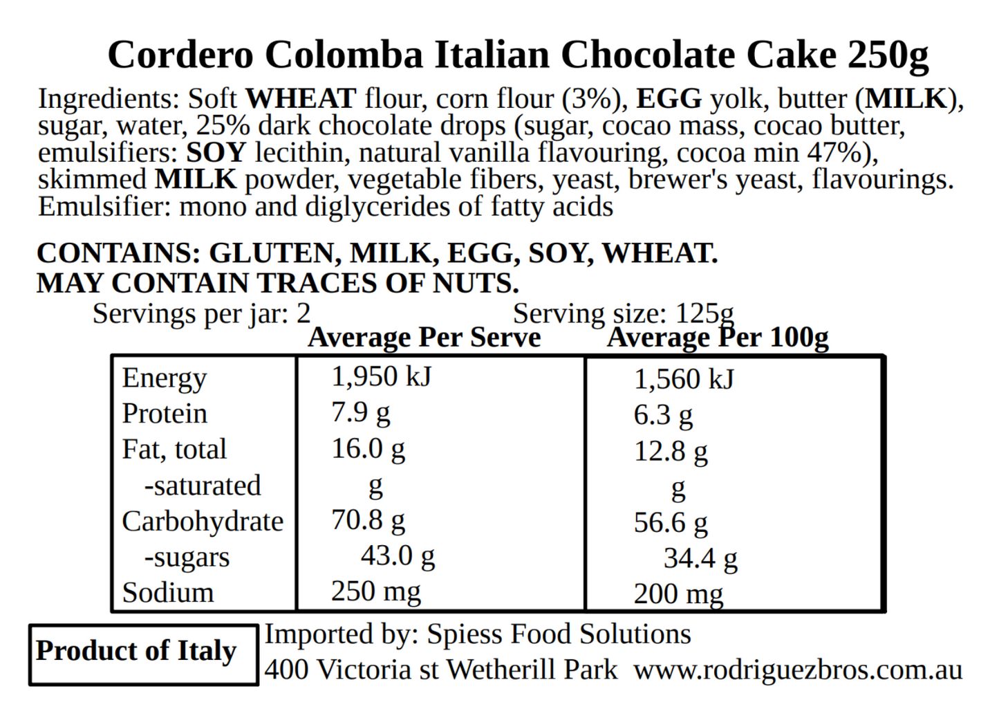 Cordero Colomba Italian Chocolate Cake 250g