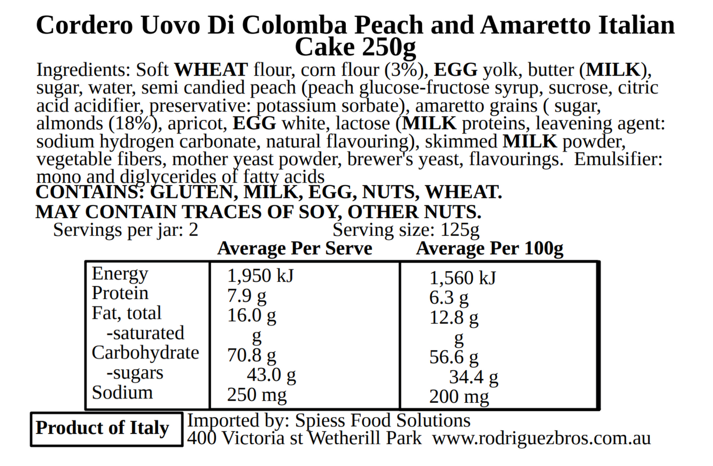 Cordero Uovo Di Colomba Peach and Amaretto Italian Cake 250g