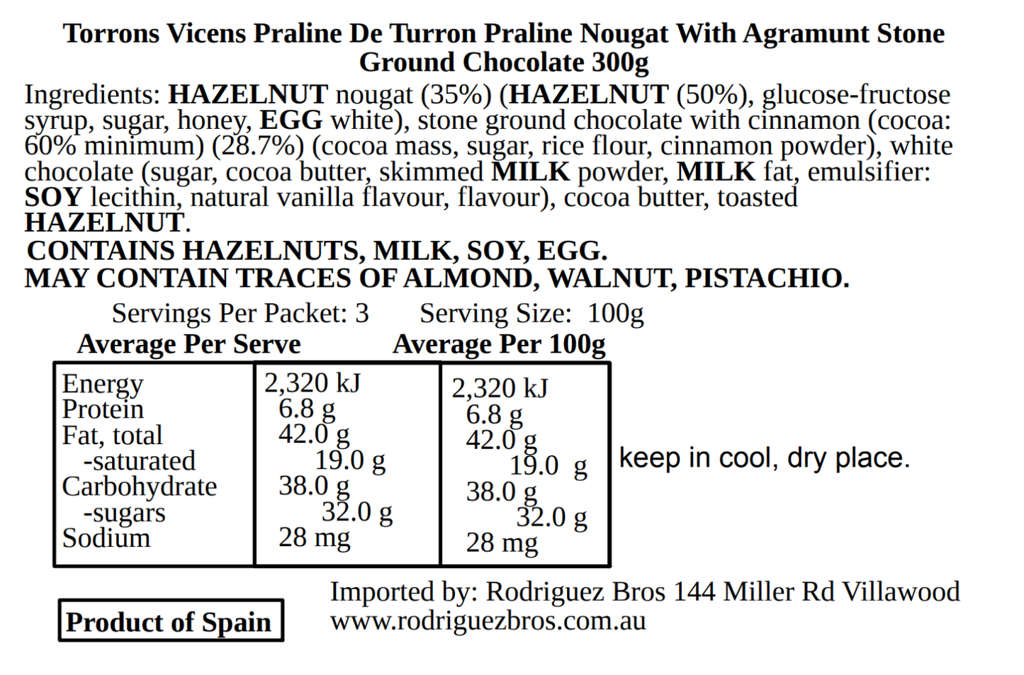 Vicens Praline De Turron Chocolate A La Piedra De Argamunt Spanish Nougat With Stone Ground Chocolate 300g (Best Before 01-10-2026)