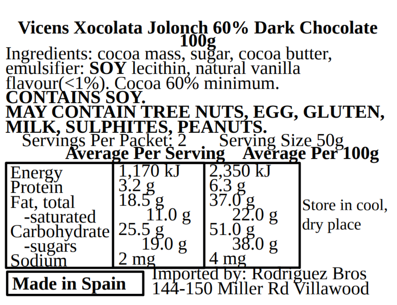 Vicens Xocolata Jolonch Chocolate Negro 60% Spanish 60% Dark Chocolate 100g