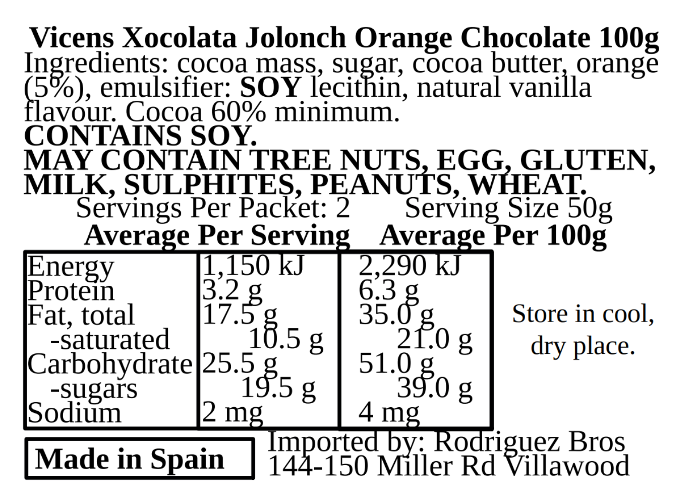 Vicens Xocolata Jolonch Chocolate Naranja Spanish Orange Chocolate 100g