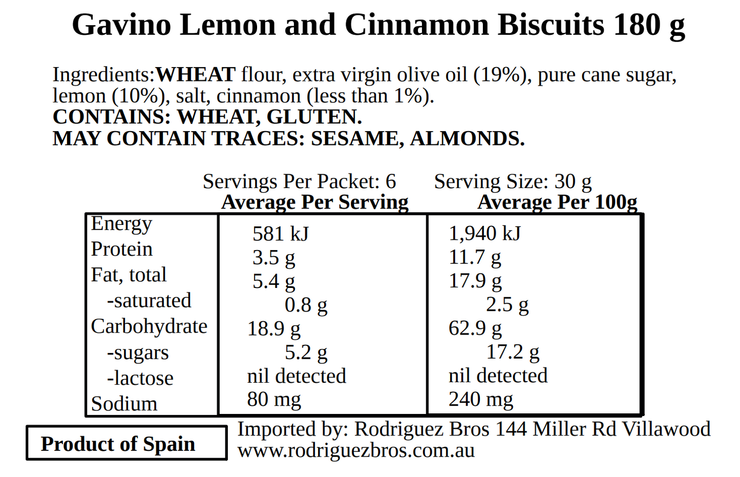Andres Gavino Spanish Lemon And Cinnamon Tortas 180g Twin Pack 360g Total