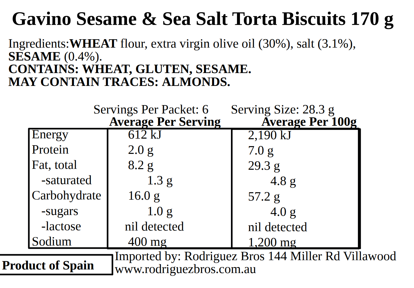 Andres Gavino Spanish Sesame and Sea Salt Tortas 170g Twin Pack 340g Total