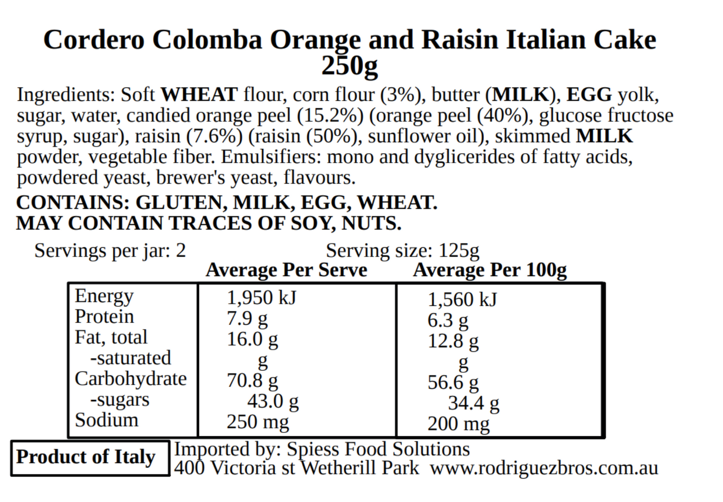 Cordero Colomba Orange and Raisin Italian Cake 250g