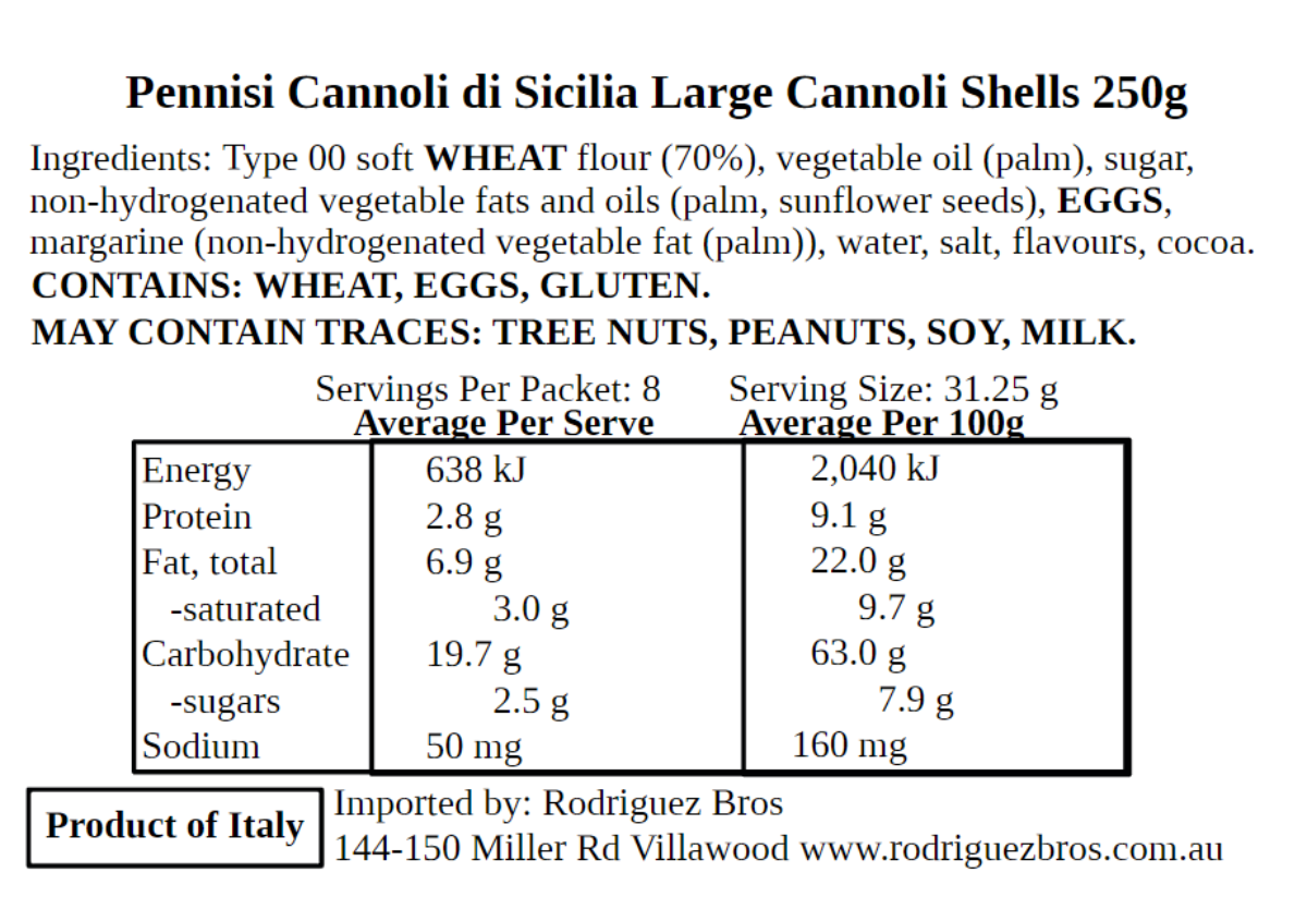 Pennisi Cannoli di Sicilia Large Cannoli Shells 250g each- Twin Pack - 500g Total (Best Before 31-01-2025)