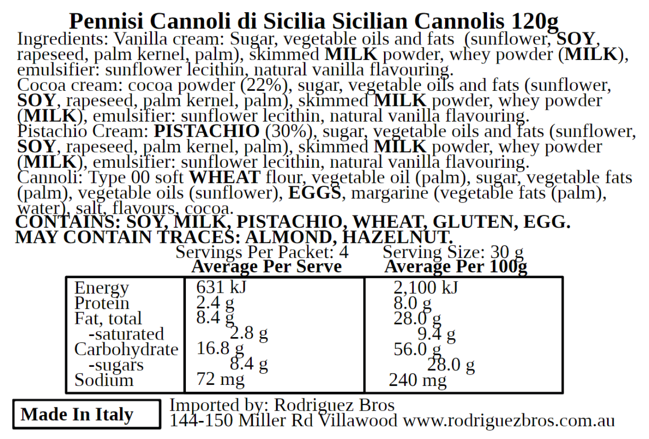 Pennisi Cannoli di Sicilia Con Crema Mixed Filled Sicilian Cannolis 3 Pack- 120g each- 360g Total (Best Before 31-01-2025)