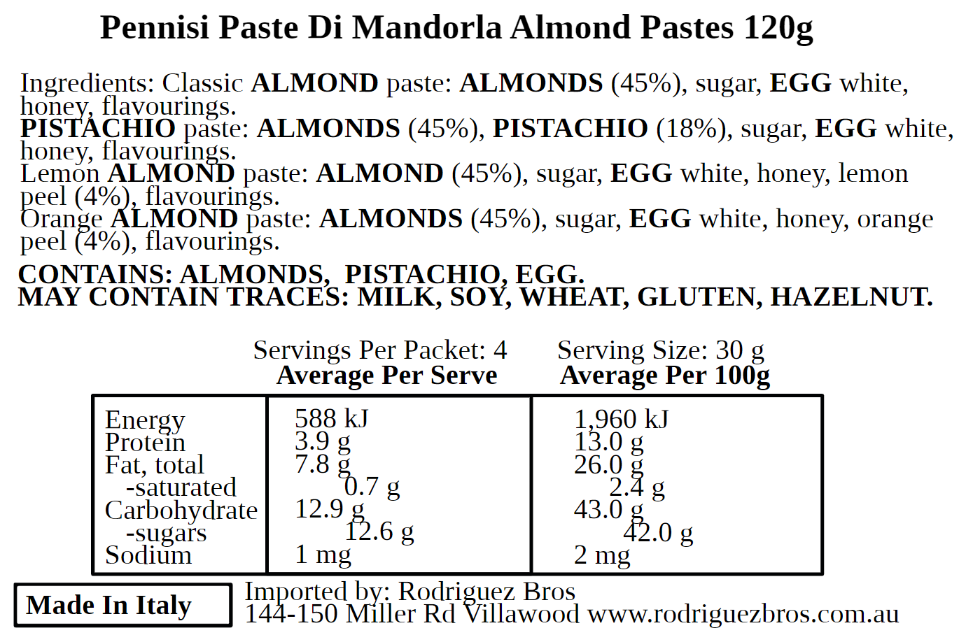 Pennisi Paste DI Mandorla Sicilian Mixed Almond Biscuits 120g- 3 Pack- 360g Total