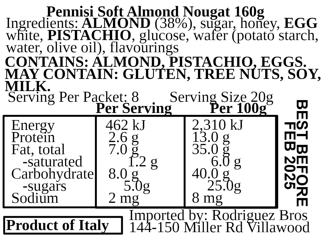 Pennisi Torrone Morbido Alle Mandorle Soft Nougat With Almonds 160g (Best Before 28-02-2025)