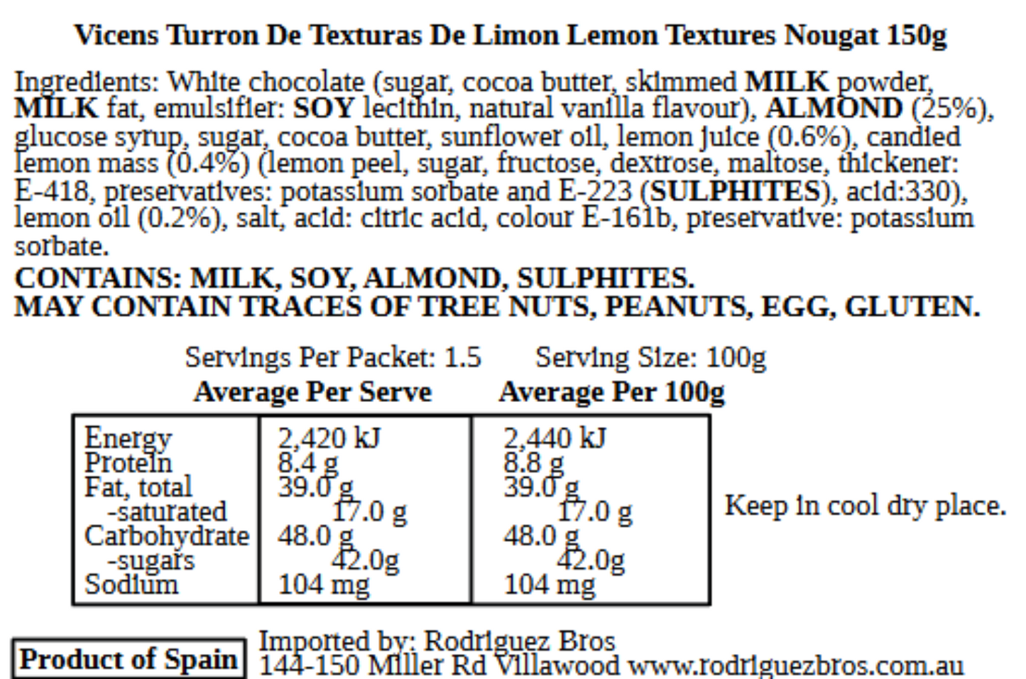 Vicens Turron Limon Lemon Nougat 140g (Best Before 01-10-2026)