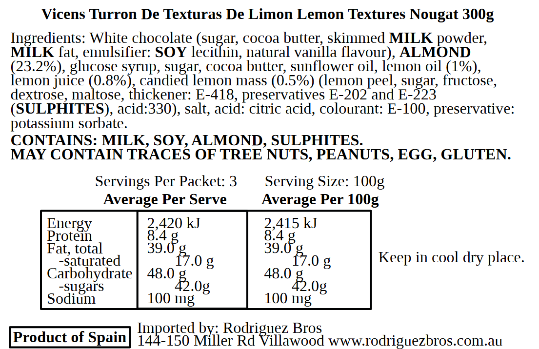 Vicens Turron Limon Lemon Nougat 300g (Best Before 01-01-2026)