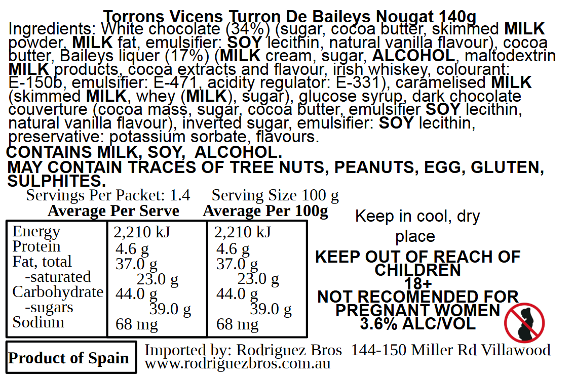 Vicens Turron de Baileys Nougat 140g (Best Before 01-03-2026)