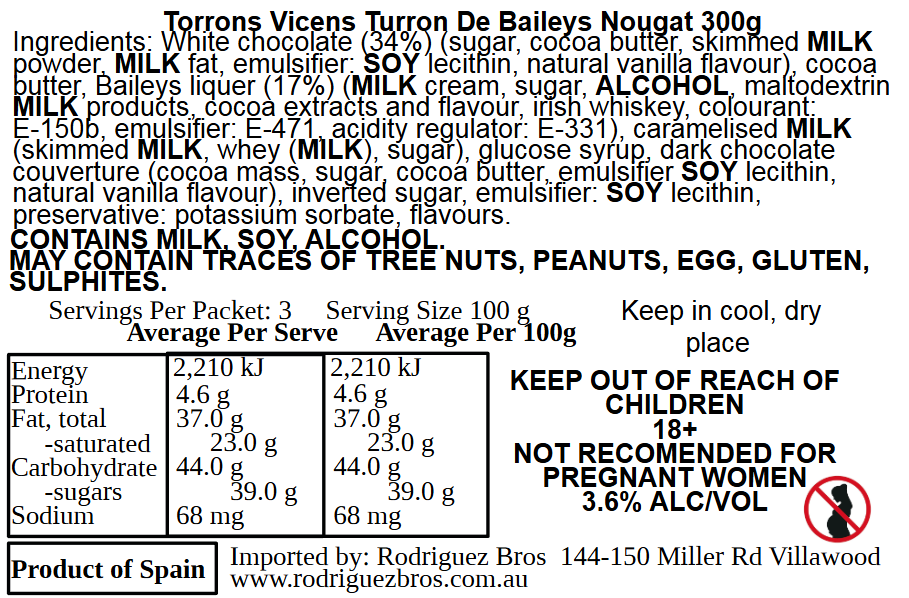Vicens Turron de Baileys Nougat 300g (Best Before 01-03-2026)