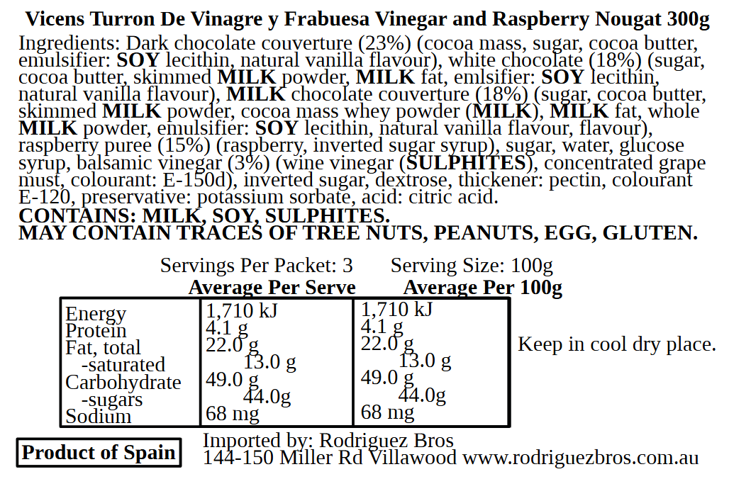 Vicens Turron Vinegar And Raspberry Nougat 300g