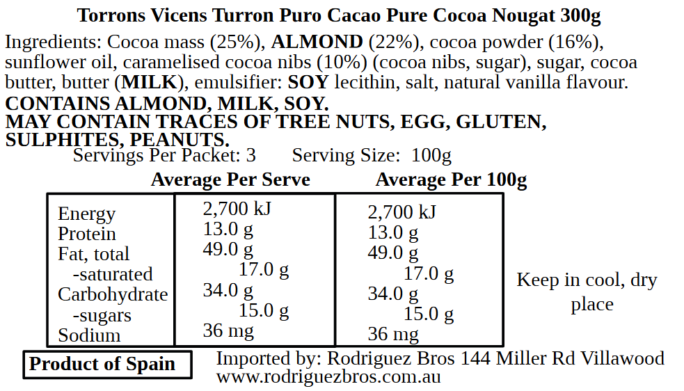 Vicens Turron Pure Cocoa Nougat 300g (Best Before 01-12-2026)