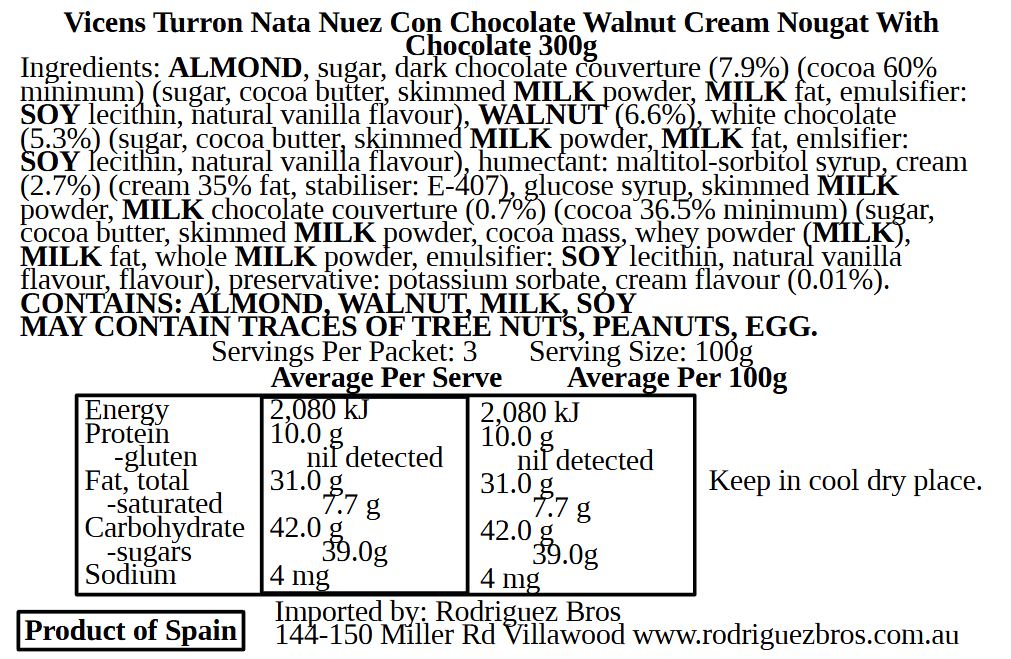 Vicens Marzipan Walnut Cream Nougat White Chocolate 300g (Best Before 01-08-2026)