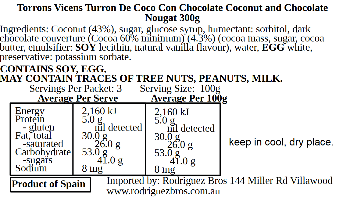 Vicens Coconut Nougat WIth Chocolate 300g (Best Before 01-04-2026)