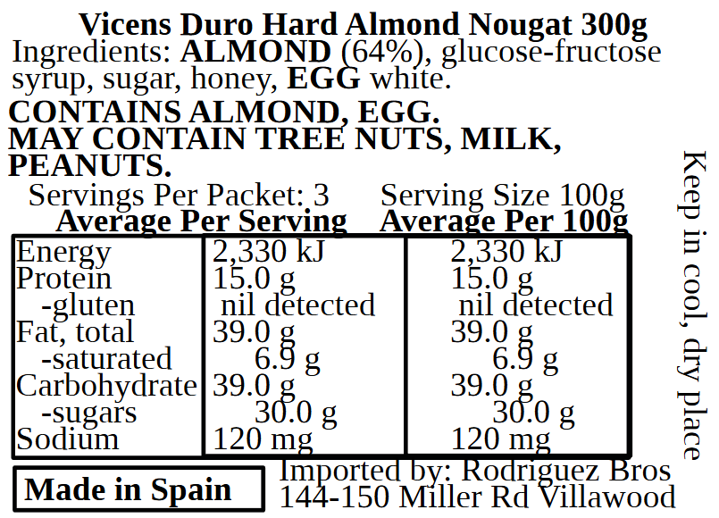 Vicens Duro De Almendra Turron Spanish Hard Almond Nougat Excellence 300g
