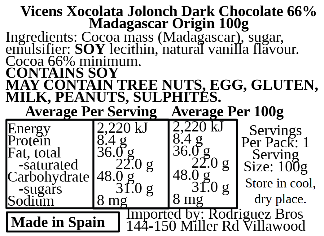 Vicens Xocolata Jolonch Chocolate Origines Madagascar 66% Cacao Dark Chocolate With Madagascar Cacao 100g