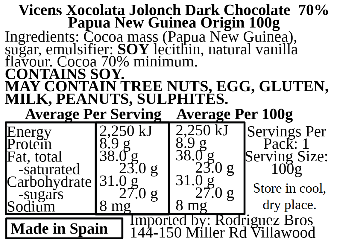 Vicens Xocolata Jolonch Chocolate Origines Papua New Guinea 70% Cacao Dark Chocolate With Papua New Guinean Cacao 100g