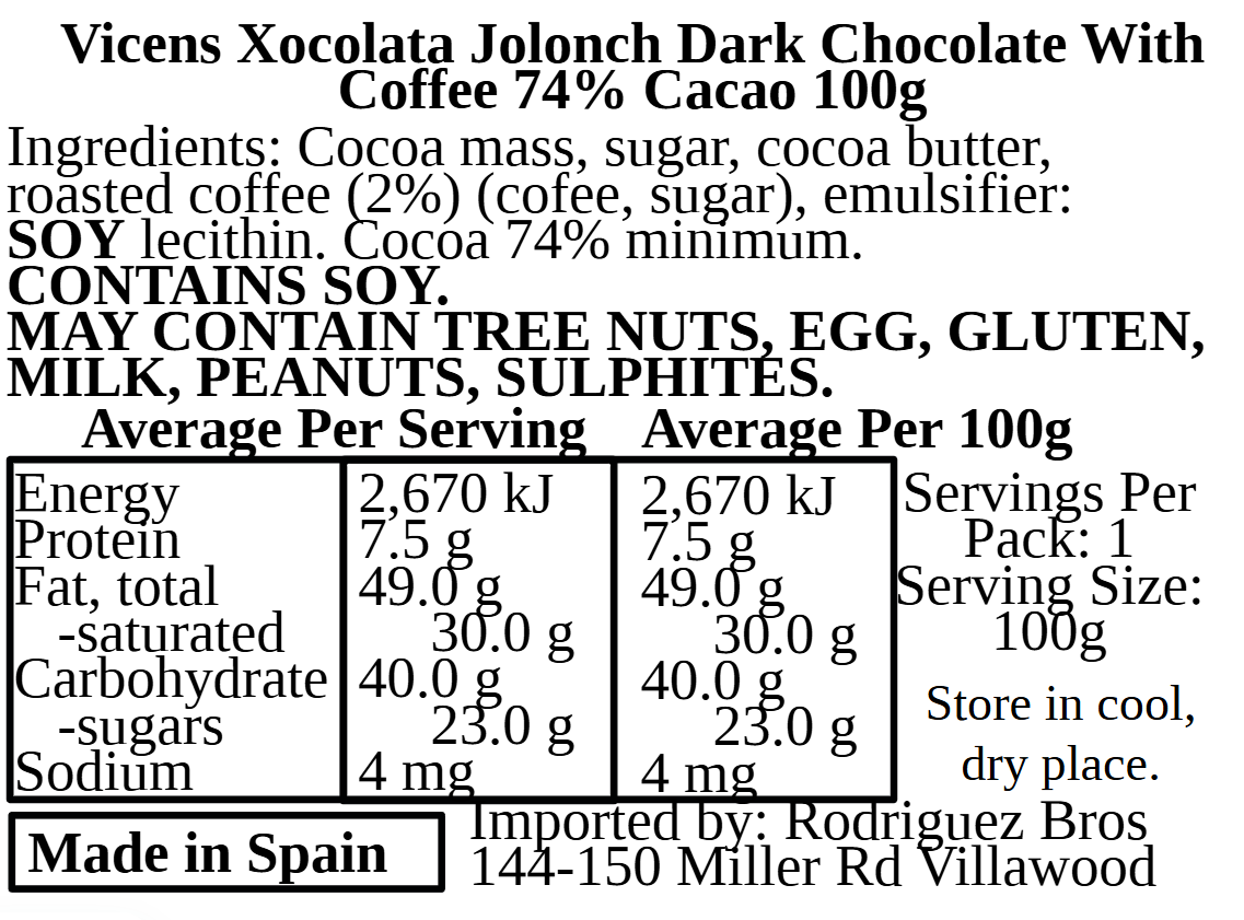 Vicens Xocolata Jolonch Chocolate Cafe Dark Chocolate With Coffee 100g