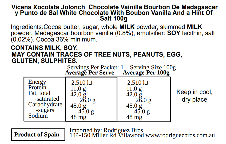 Vicens Xocolata Jolonch Chocolate Blanco Vainilla Bourbon De Madagascar Al Punto De Sal White Chocolate Bourbon Vanilla With Salt 100g