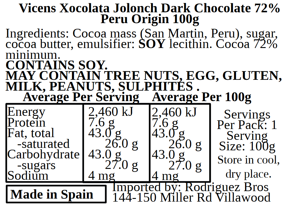 Vicens Xocolata Jolonch Chocolate Origines Venezuela 72% Cacao Dark Chocolate With Venezualan Cacao 100g