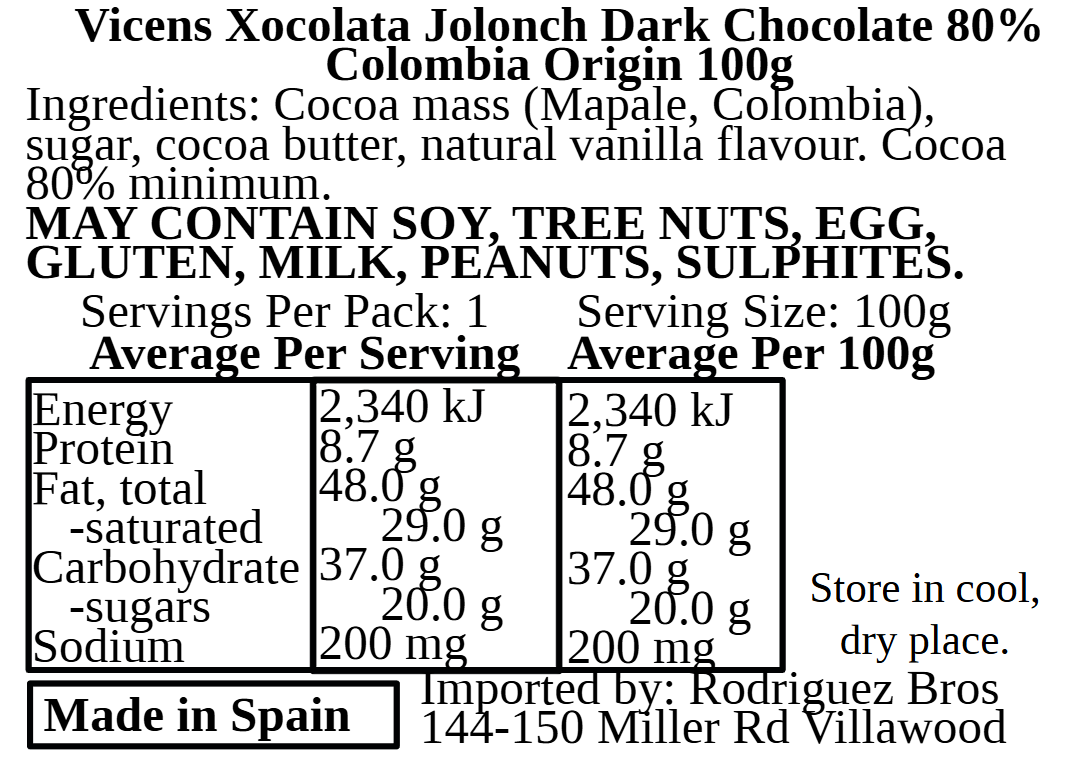 Vicens Xocolata Jolonch Chocolate Origines Colombia 80% Cacao Dark Chocolate With Colombian Cacao 100g