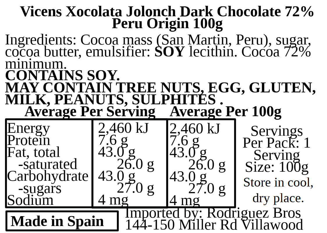 Vicens Xocolata Jolonch Chocolate Origines Peru 72% Cacao Dark Chocolate With Peru Cacao 100g